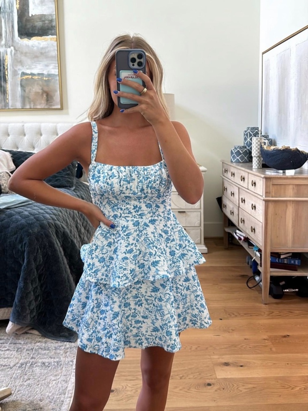 Blue Floral Tiered Mini Dress with Square Neck
